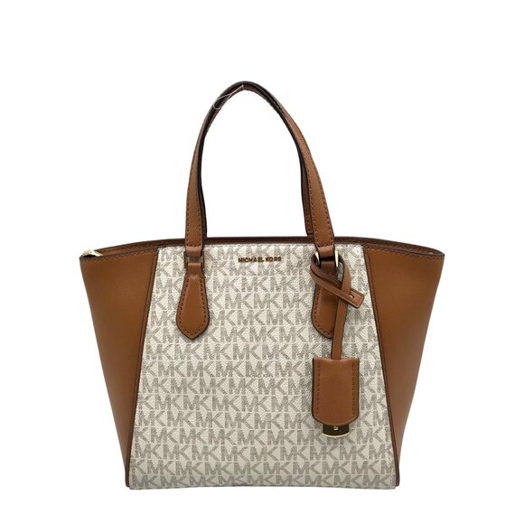 Michael Kors Vanilla & Acorn Coated Canvas Small Taryn Top Zip Satchel